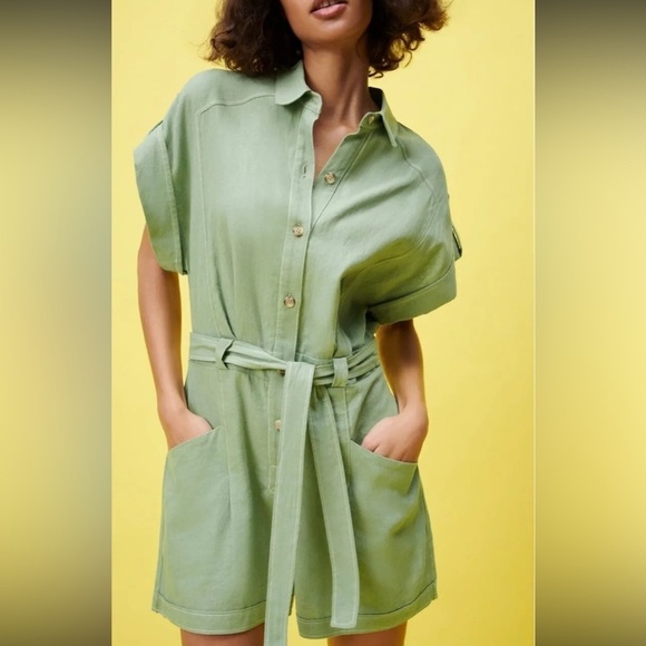 Zara Linen topstitched jumpsuit in light green Size XS Minimalist Beachy - Picture 4 of 9
